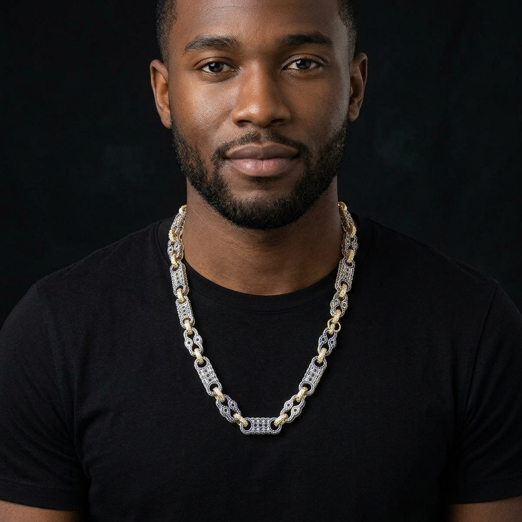 Bubble Letter Iced Out Gold Stones Star Bar Link Chain for Men Necklace Choker Real Copper Cubic Zirconia Gold Plated Hip Hop Jewelry