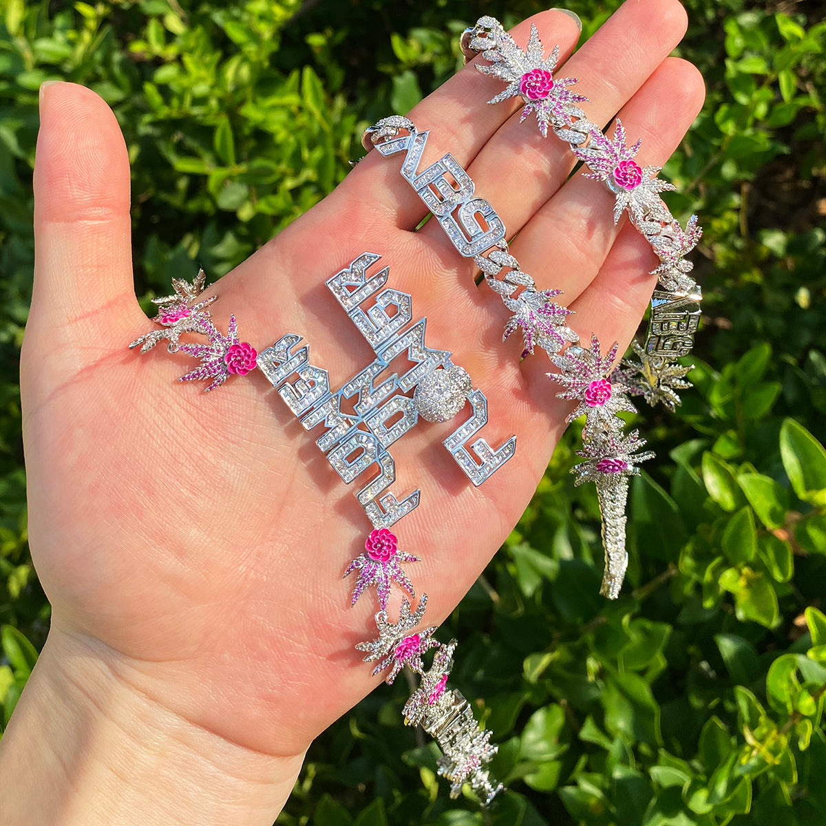 Bubble Letter Iced Out Palm Flower Chain for Men Necklace Choker 5A Cubic Zirconia Hip Hop Jewelry