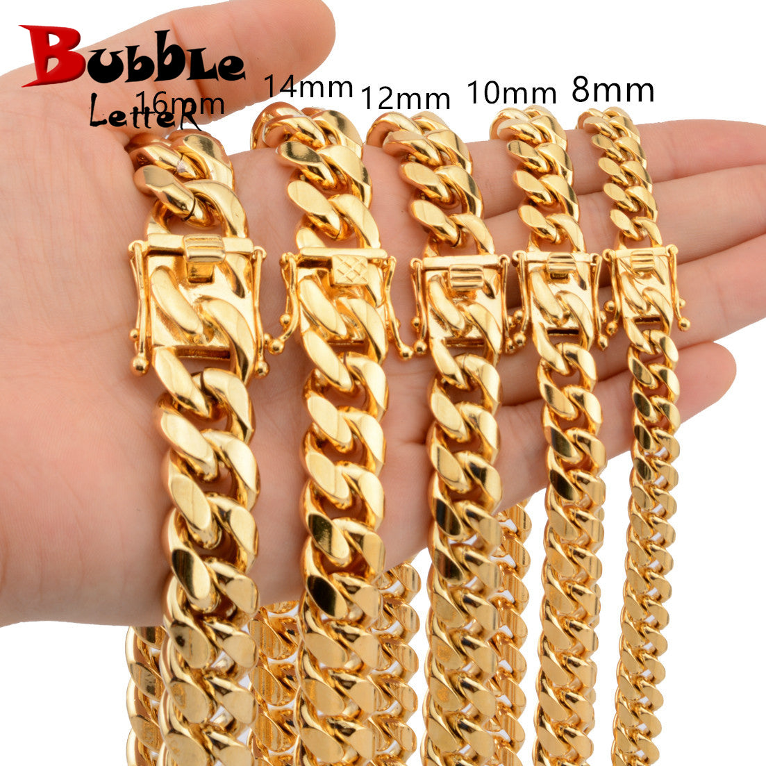 Bubble Letter Stainless Steel Miami Cuban Link Chain for Men Necklace Choker PVD Plating Real Gold Plated Lobster Clasp Hip Hop Jewelry