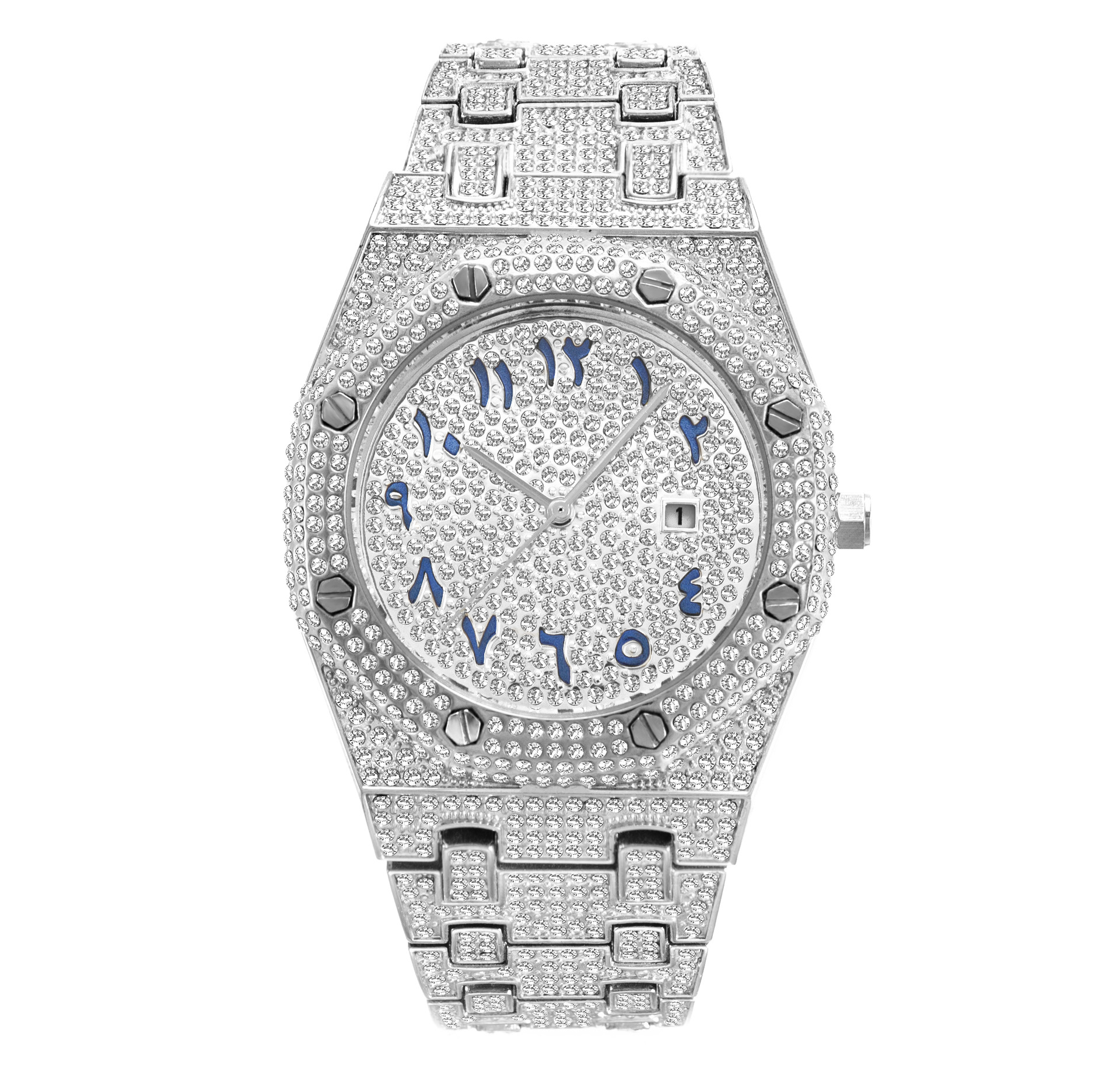 Bubble Letter BUST DOWN DATE ARABIC NUMERALS VVS ICE OUT DIAMOND WATCH
