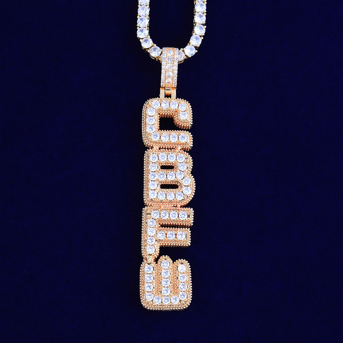 Bubble Letter Iced Out Custom Name Necklace for Men Vertical Version Prong Setting Personalized Cubic Zirconia Hip Hop Jewelry