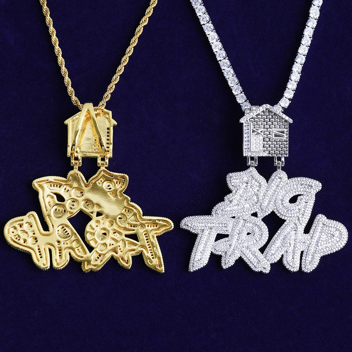 Bubble Letter Iced Out Big Trap House Bail Necklace Pendant for Men Real Gold Plated 5A Cubic Zirconia Hip Hop Jewelry