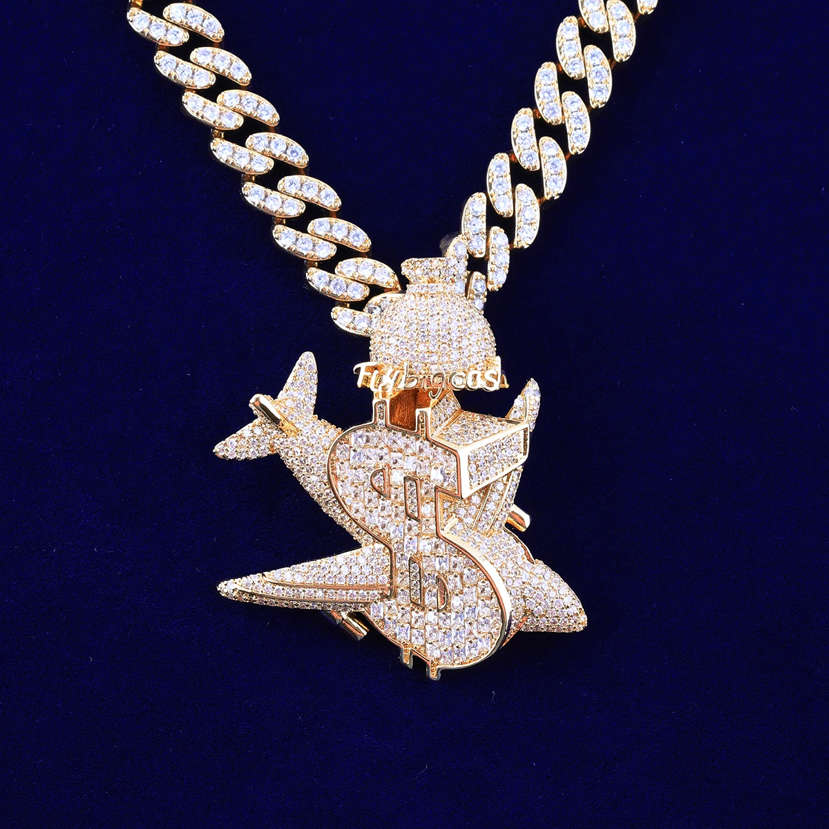 Bubble Letter Iced Out Plane Dollar Sign Necklace Pendant for Men Micro Pave Real Gold Plated Hip Hop Jewelry