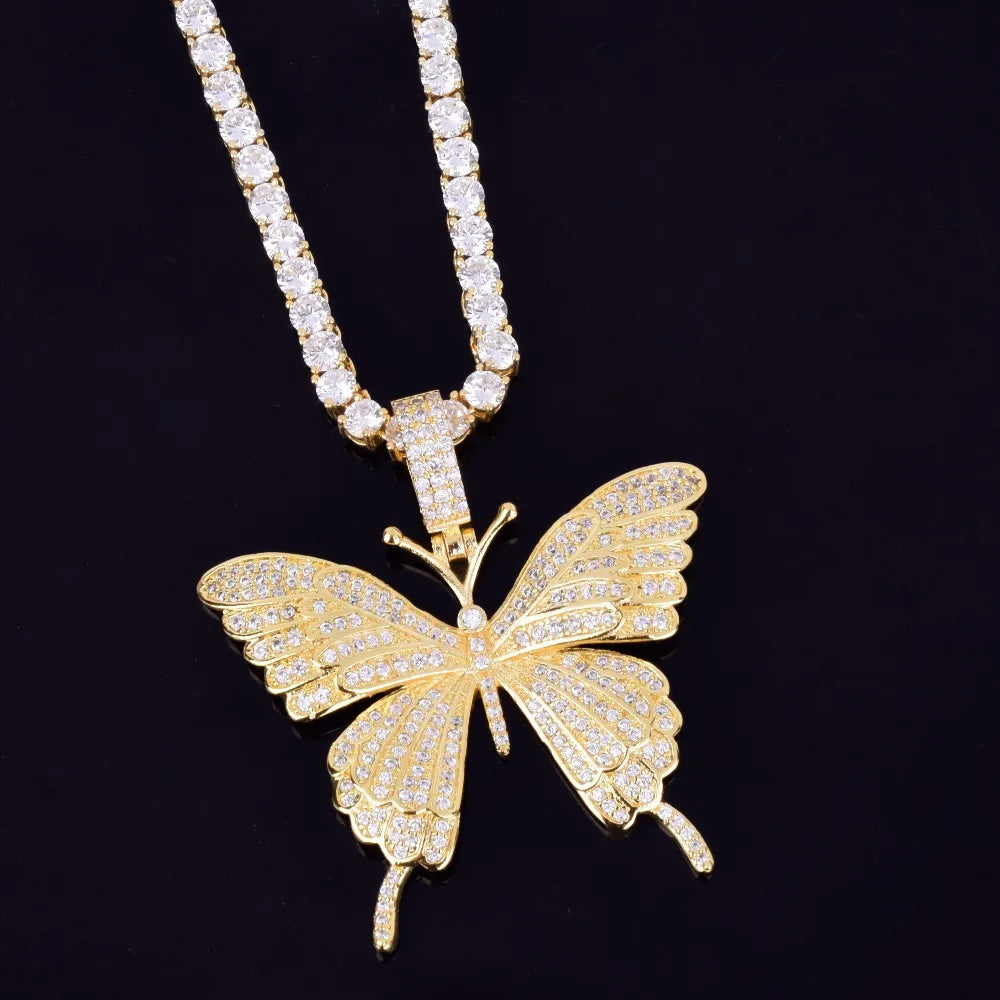 Bubble Letter Animal Butterfly Necklace & Pendant Iced Out Gold Color AAA Cubic Zircon Men's Women Hip Hop Rock Jewelry