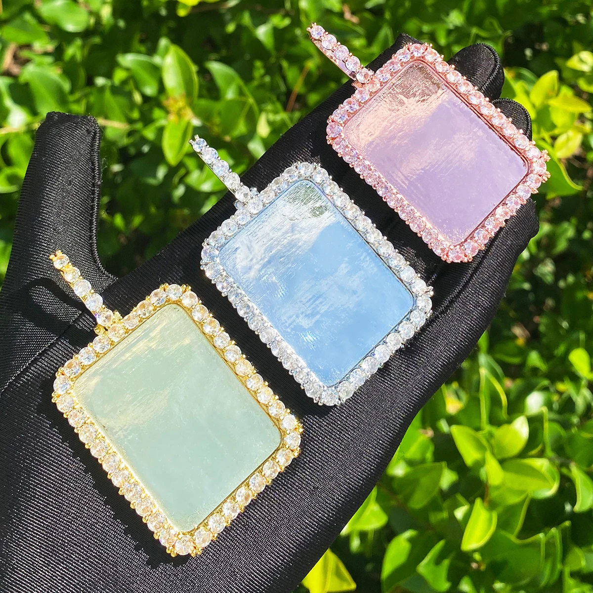 Bubble Letter Iced Solid Back Rectangular Custom Photo Necklace Pendant Men Real Gold Plated 5A Cubic Zirconia Hip Hop Jewelry