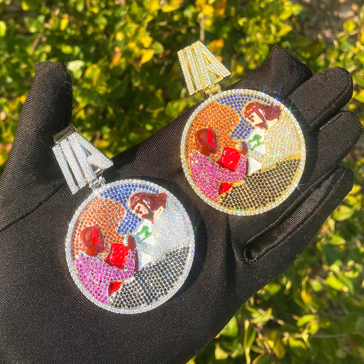 Bubble Letter Iced Out Arm Wrestling Circle Necklace Pendant for Men 5A Cubic Zirconia Hip Hop Jewelry