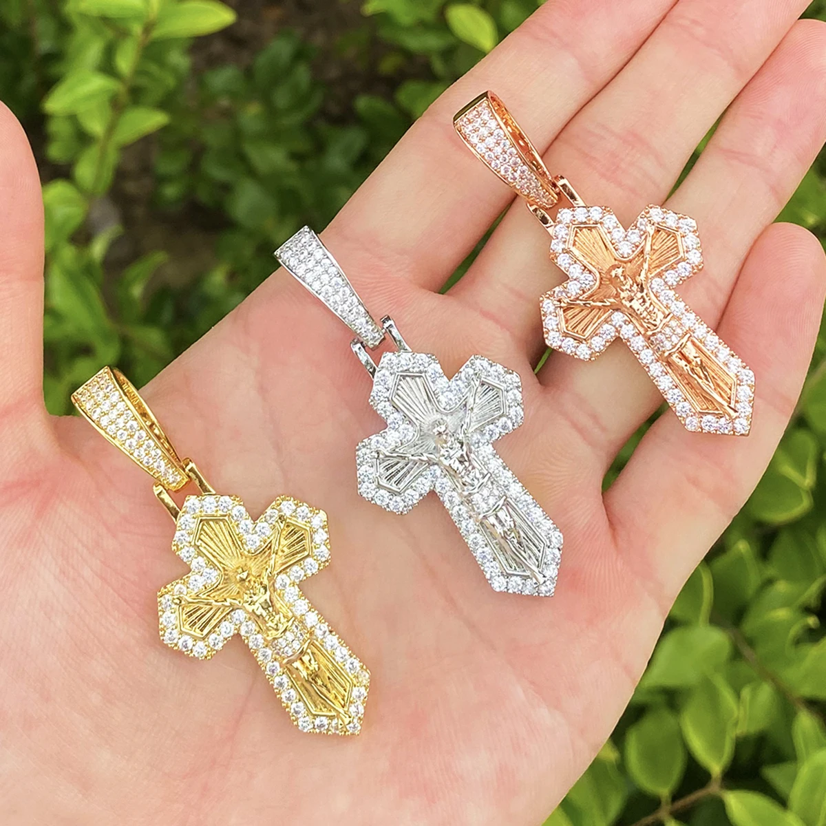 Bubble Letter Iced Out Cross Jesus Necklace Pendant for Men 5A Cubic Zirconia Gold Plated Hip Hop Jewelry