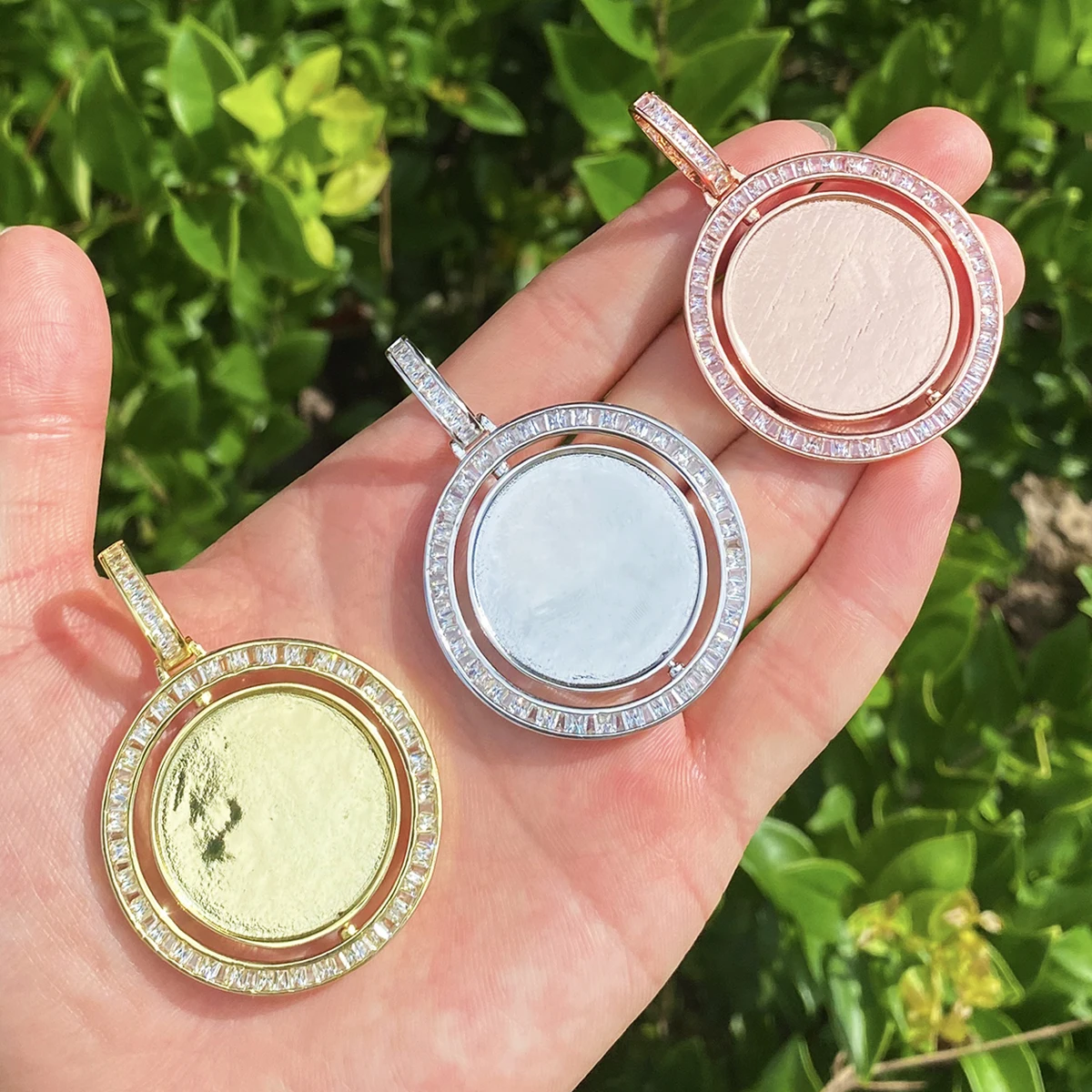 Bubble Letter Baguette Rotating Customized Photo Necklace Pendant for Men Real Gold Plated 5A Cubic Zirconia Hip Hop Jewelry