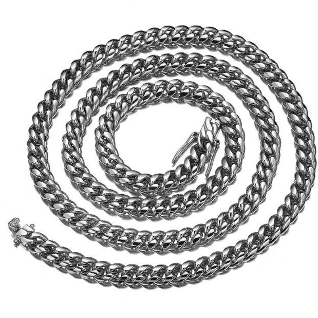Bubble Letter Stainless Steel Miami Cuban Link Chain for Men Necklace Choker PVD Plating Real Silver Plated Lobster Clasp Rapper Jewelry