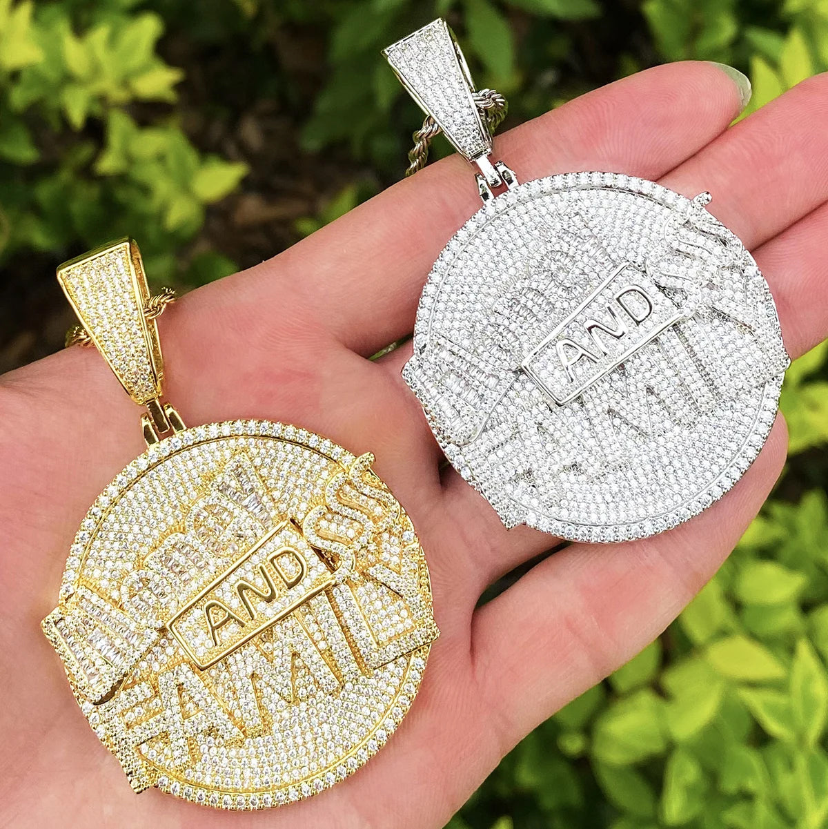 Bubble Letter Iced Out Money and Family Necklace Pendant for Men Real Gold Plated 5A Cubic Zirconia Hip Hop Jewelry