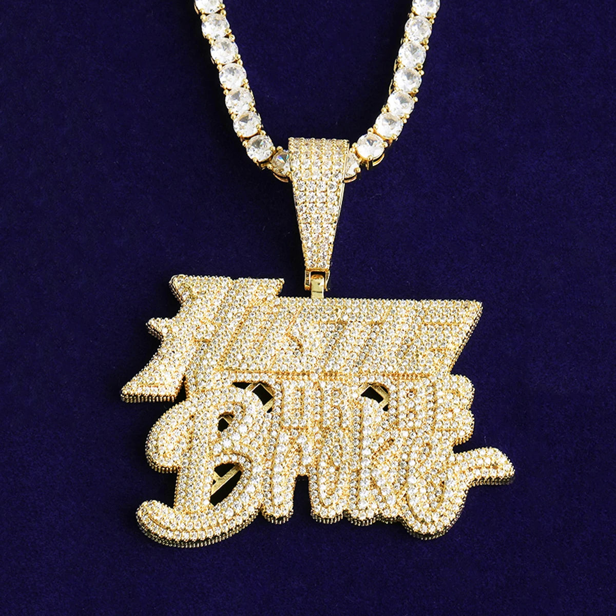Bubble Letter Iced Out Hustle Or Be Broke Necklace Pendant for Men Prong Setting Real Gold Plated Hip Hop Jewelry