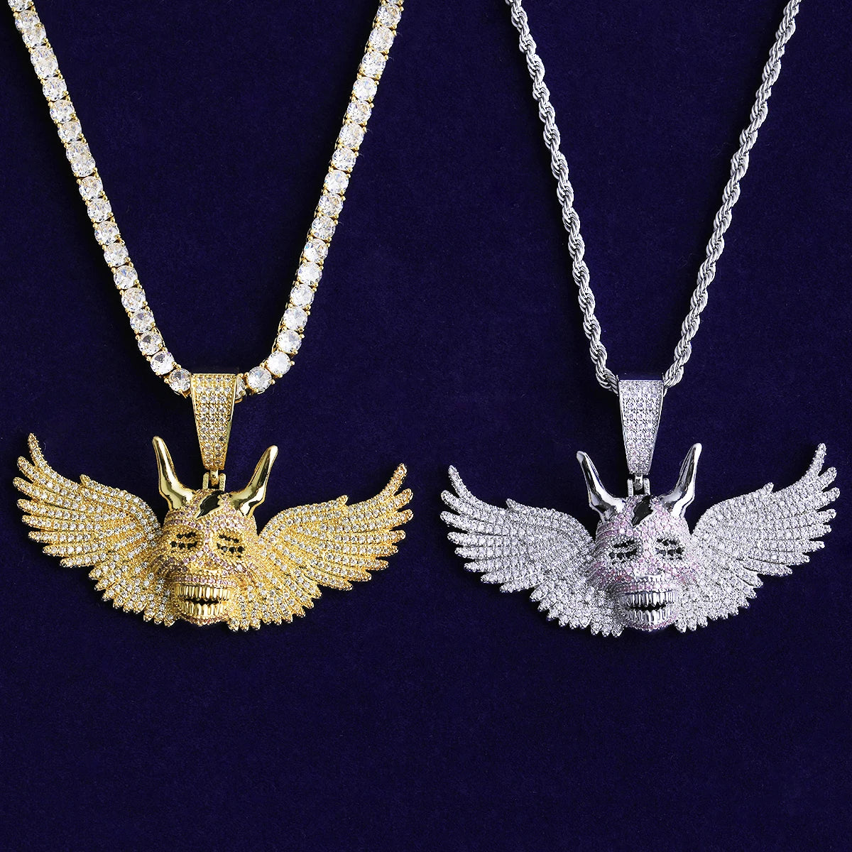 Bubble Letter Iced Out Wing Skull Necklace Pendant for Men Real Gold Plated 5A Cubic Zirconia Hip Hop Jewelry