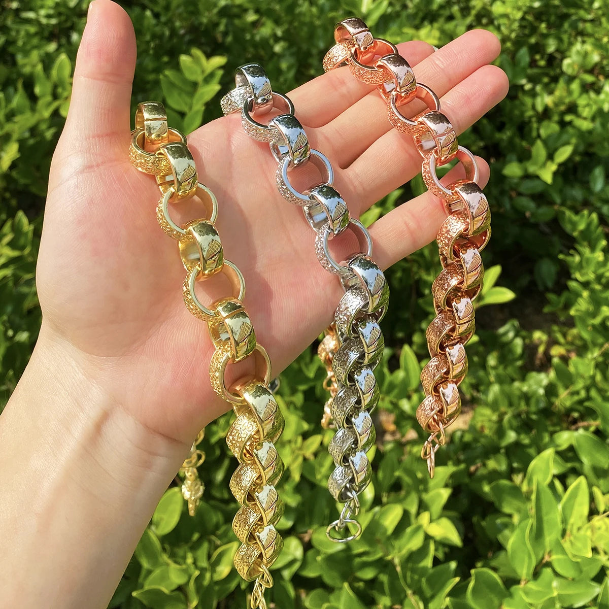 Bubble Letter 20mm Alternate Ornate Filigree Belcher Pattern Link Necklace Chain Real Gold Plated PVD Plate Hip Hop Jewelry