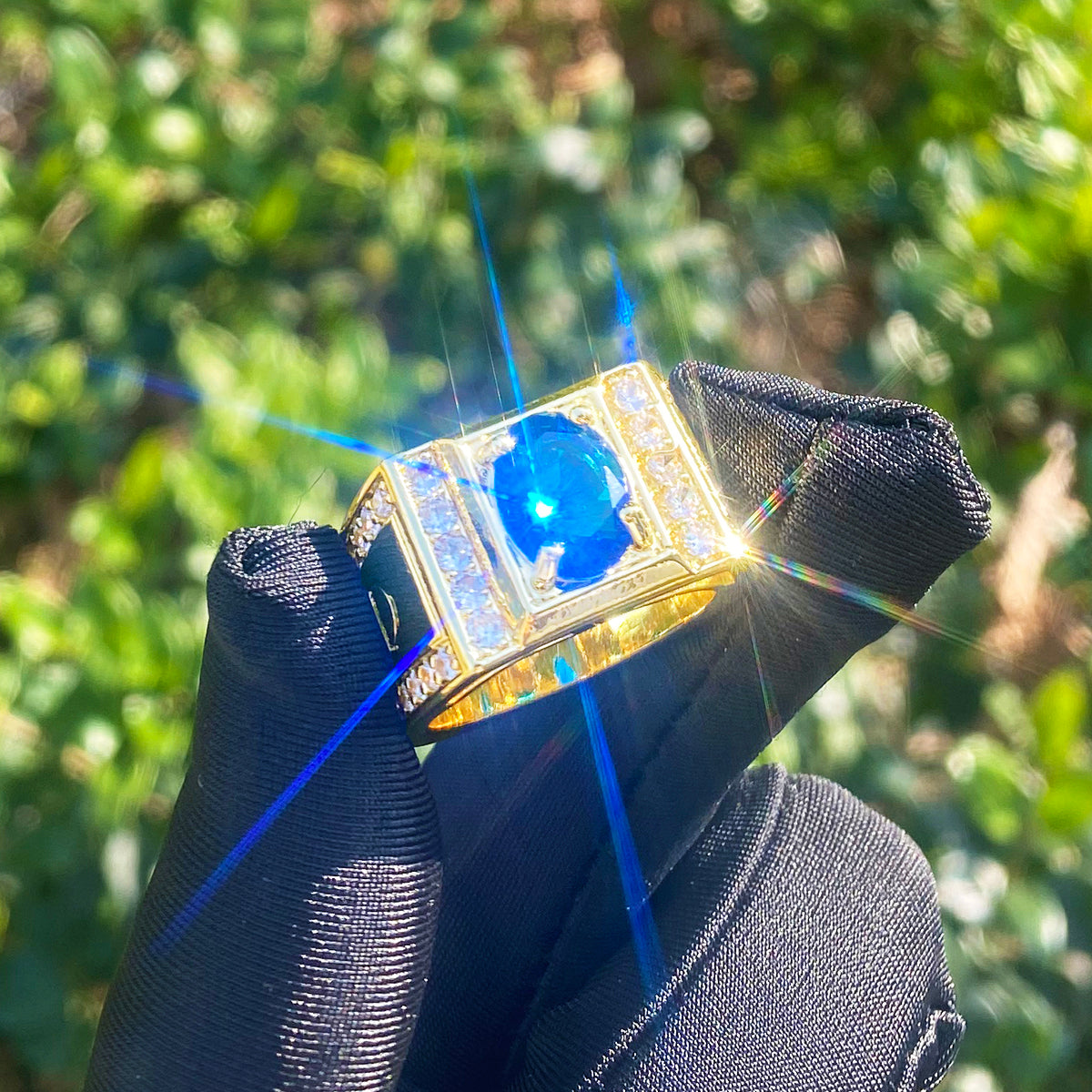 Bubble Letter Iced Out Blue Stone Ring for Men Real Gold Plated Hip Hop Jewelry