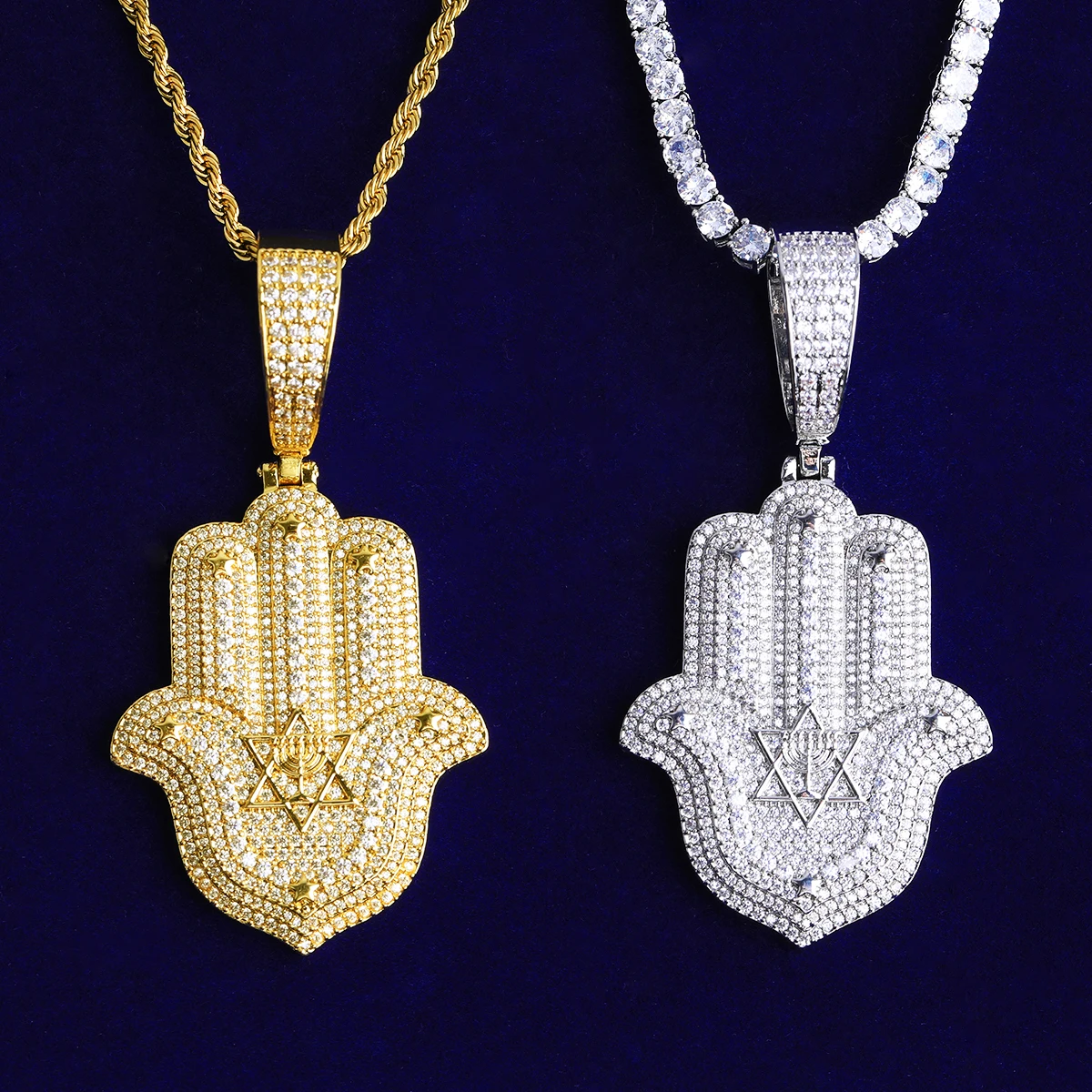 Bubble Letter Iced Out Halma Hand David of Star Necklace Pendant for Men Real Gold Plated 5A Cubic Zirconia Hip Hop Jewelry