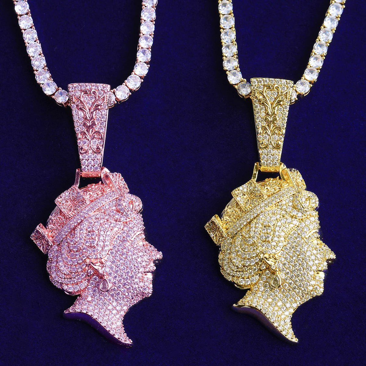 Bubble Letter Iced Out Queen Head Necklace Pendant for Men Real Gold Plated 5A Cubic Zirconia Hip Hop Jewelry