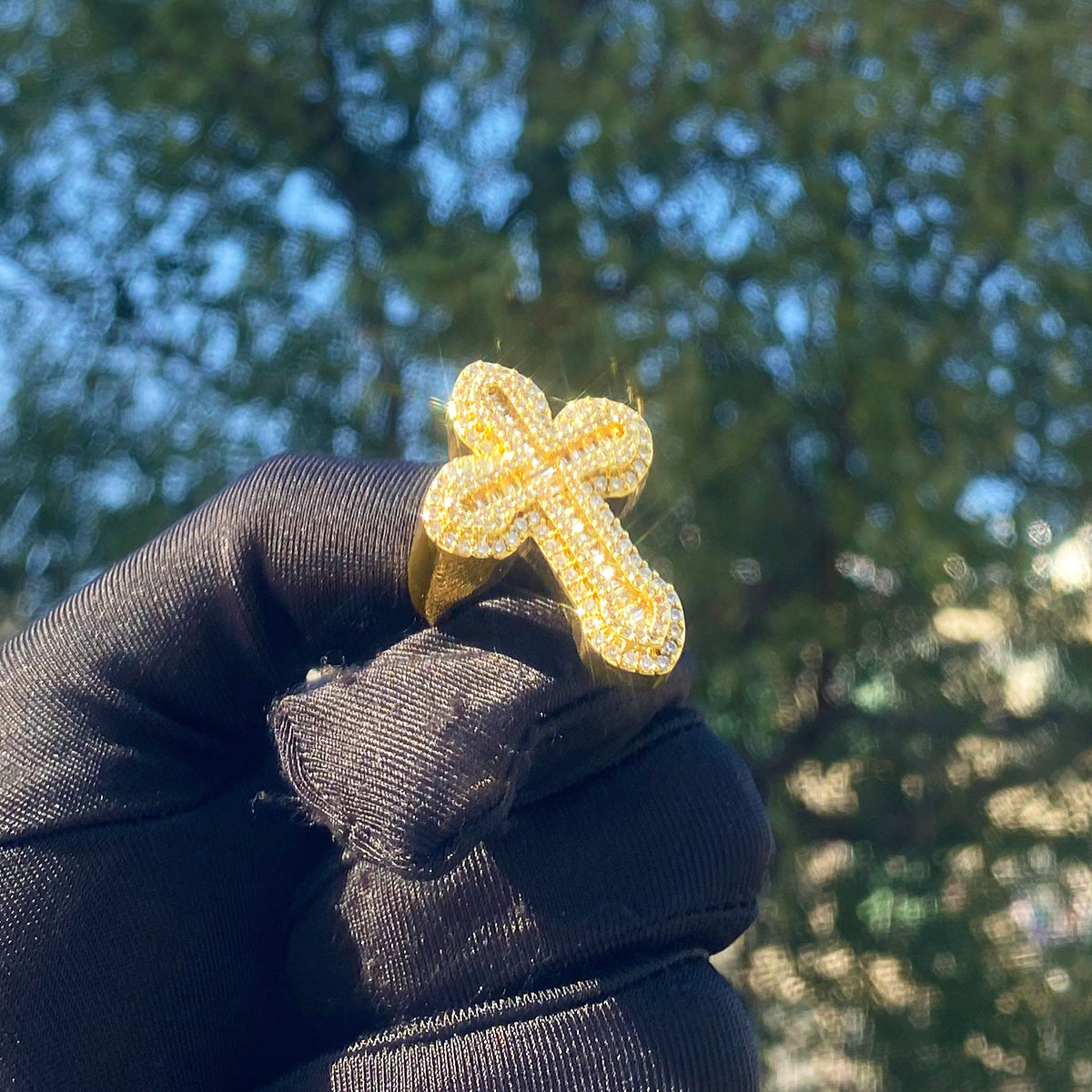 Bubble Letter Iced Out Baguette Cross Ring for Men 5A Cubic Zirconia Real Gold Plated Hip Hop Jewelry