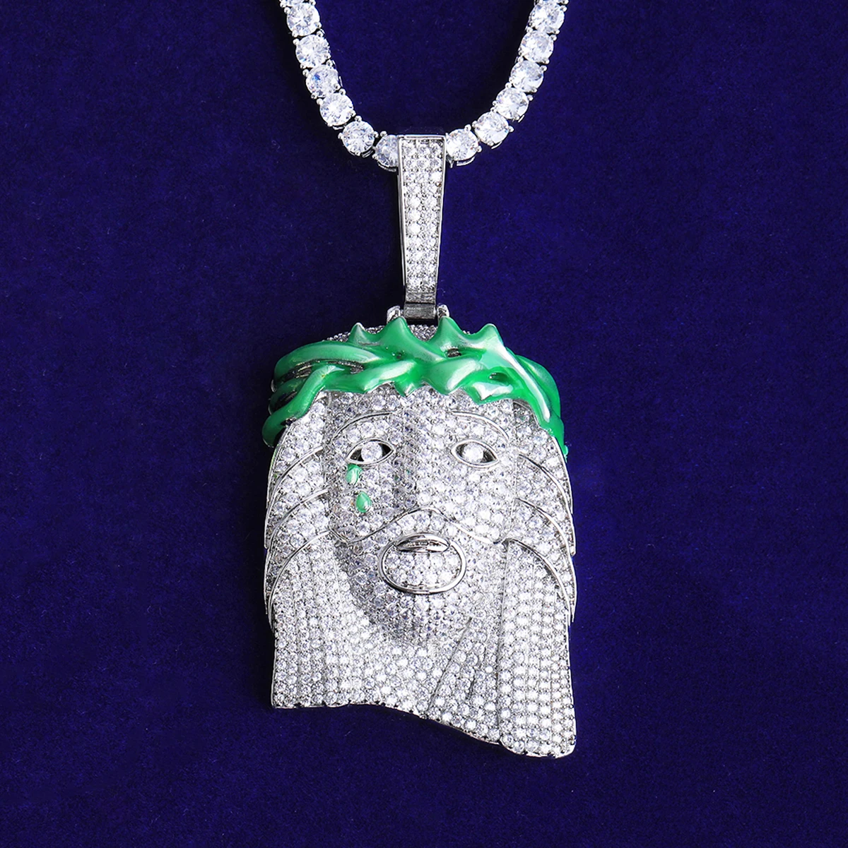 Bubble Letter Iced Out Green Jesus Necklace Pendant for Men 5A Cubic Zirconia Gold Plated Hip Hop Jewelry