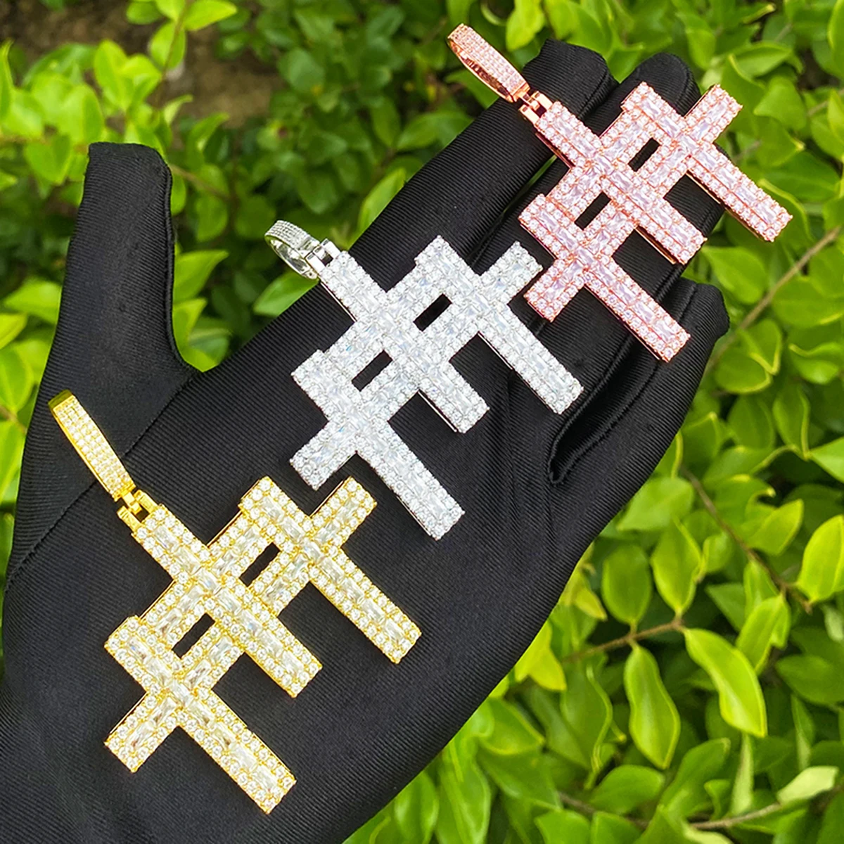 Bubble Letter Iced Out 3 in 1 Cross Necklace Pendant for Men Real Gold Plated 5A Cubic Zirconia Hip Hop Jewelry