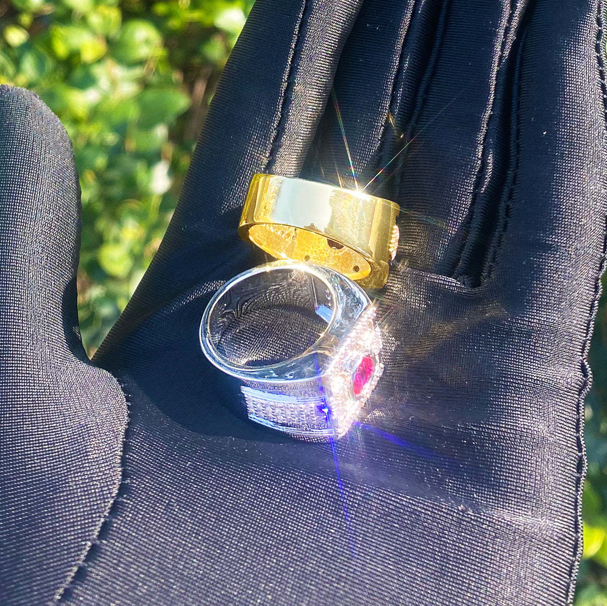 Bubble Letter Iced Out Pink Stone Ring for Men Real Gold Plated Hip Hop Jewelry