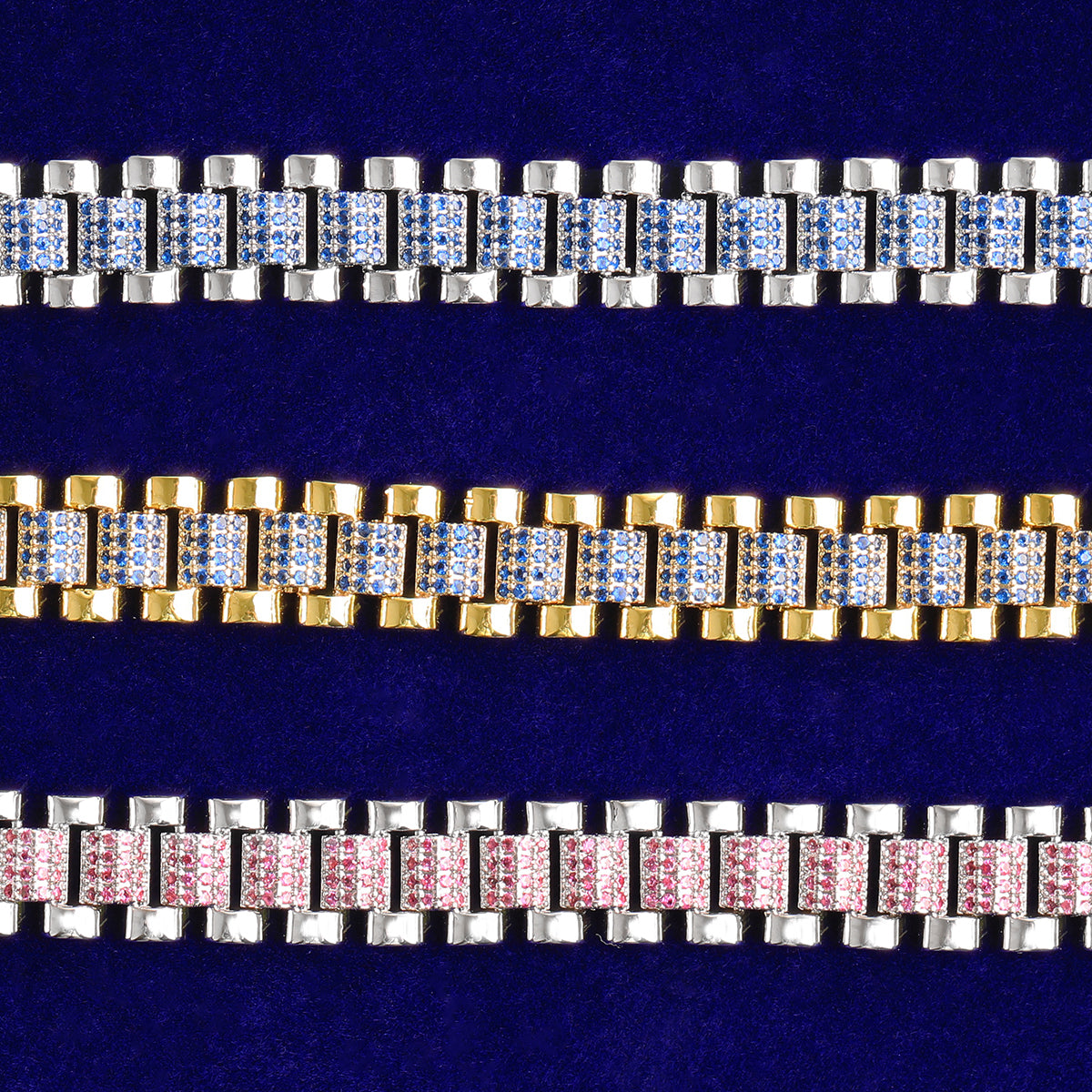 Bubble Letter Iced Out Silver Watch Belt Link Bracelet for Men Real Gold Plated Cubic Zirconia Hip Hop Jewelry