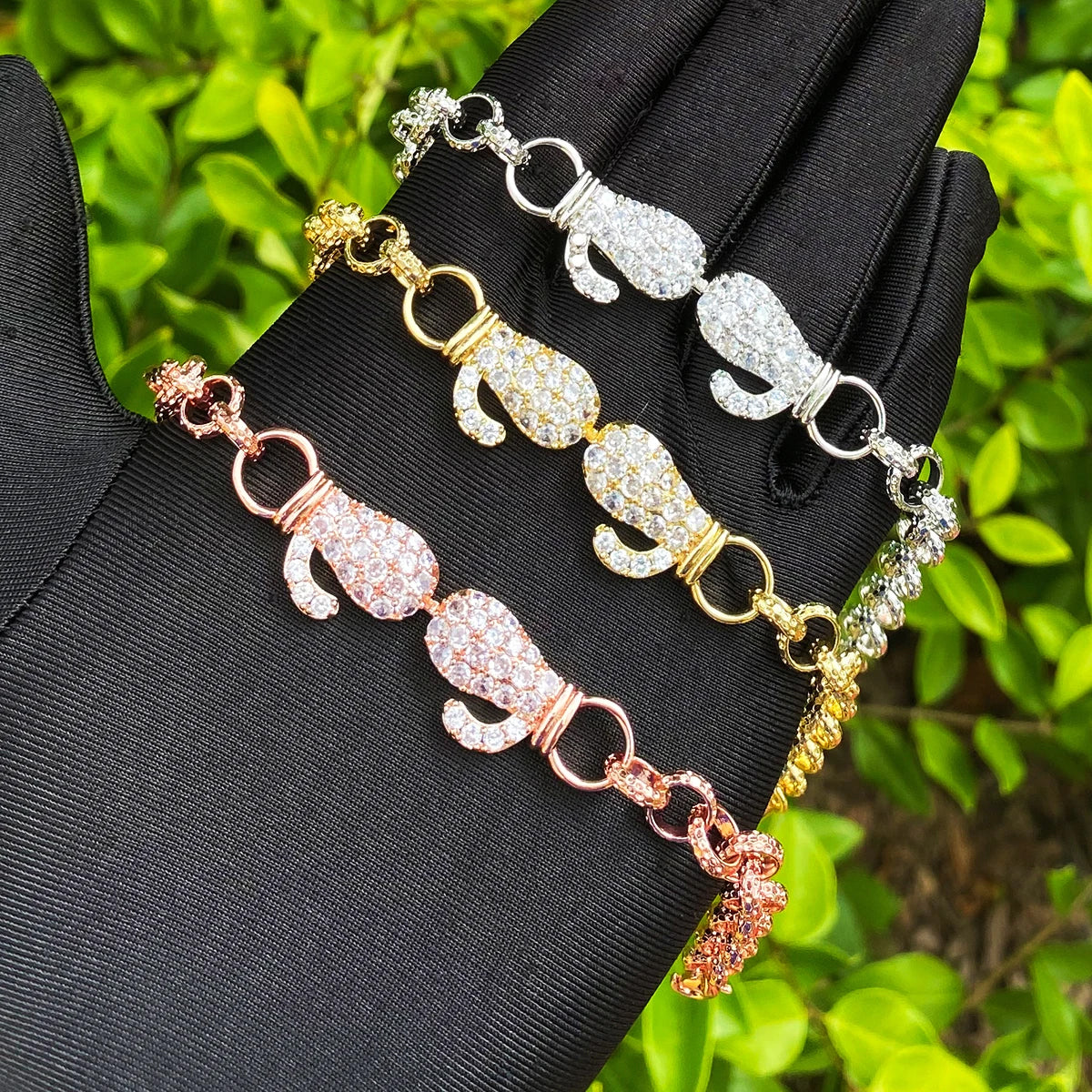 Bubble Letter Belcher Link Ice Boxing Gloves Bracelet for Women Real Gold Plated Hip Hop Jewelry