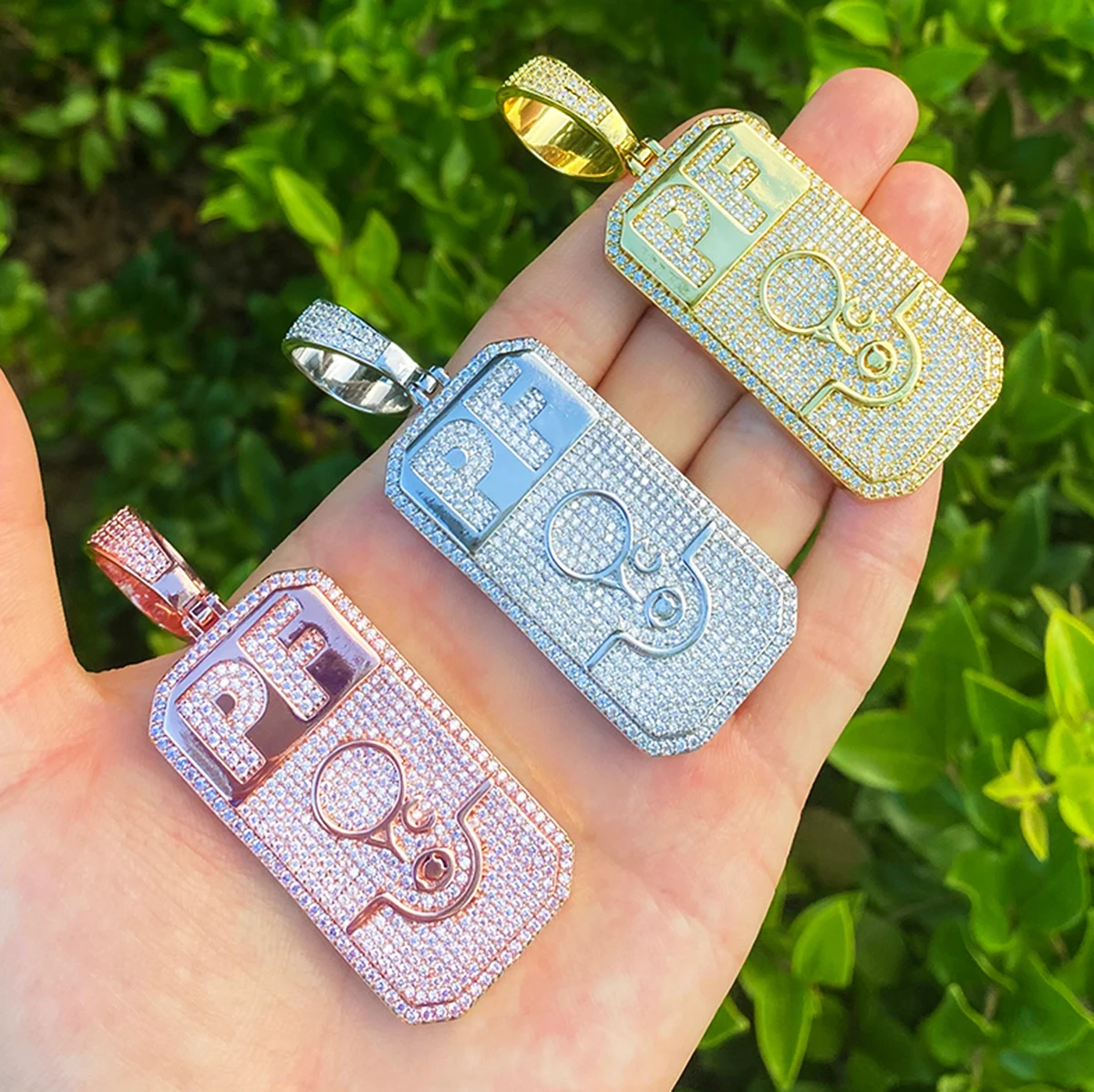 Bubble Letter Iced Out PF Dog Tag Necklace Pendant for Men 5A Cubic Zirconia Gold Plated Hip Hop Jewelry