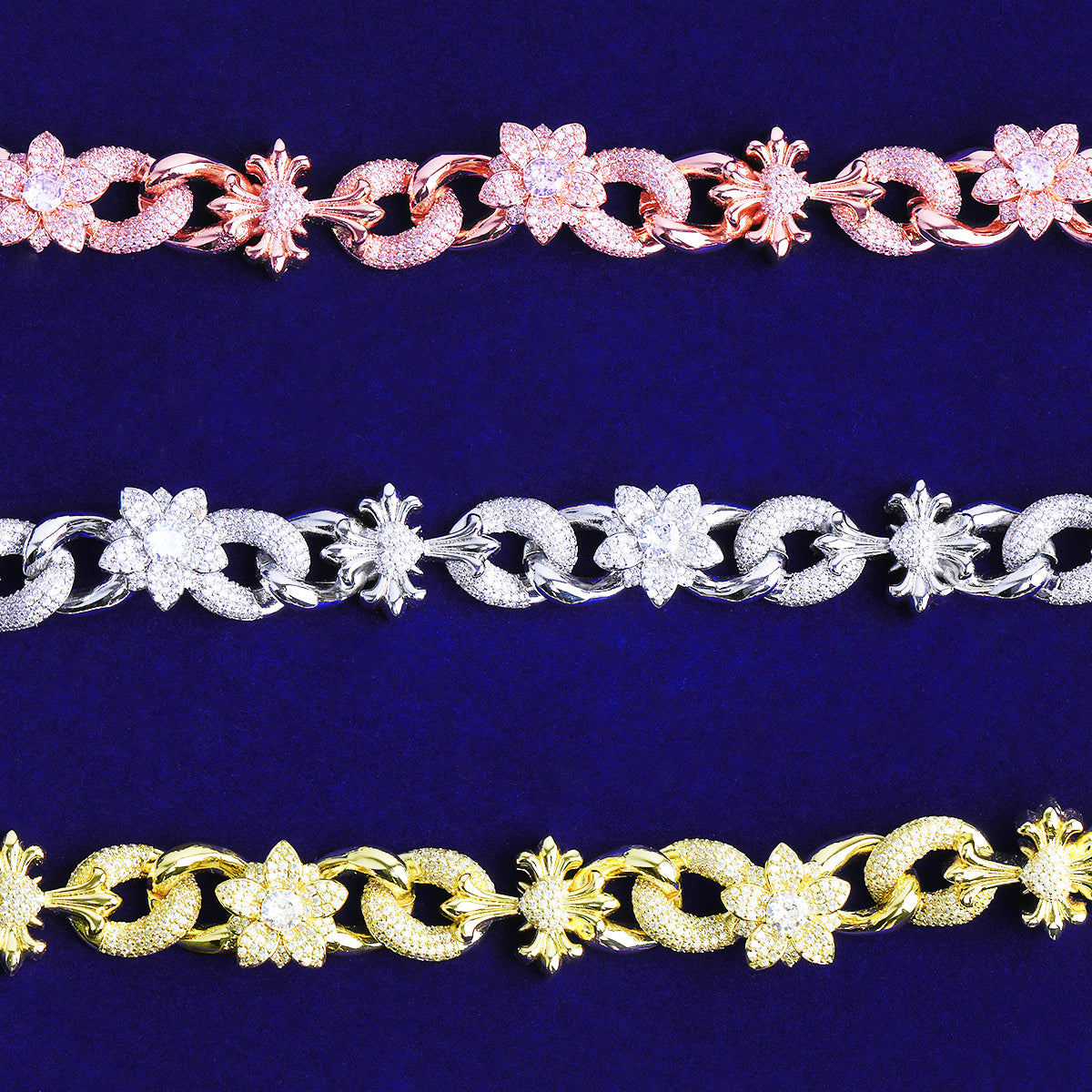 Bubble Letter Iced Out Cross Flower Link Bracelet for Men Real Copper Gold Plated Hip Hop Jewelry