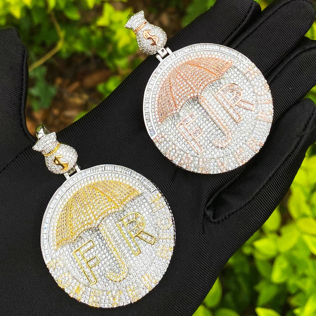 Bubble Letter Iced Out Forever Rich Umbrella ecklace Pendant for Women Real Gold Plated 5A Cubic Zirconia Hip Hop Jewelry