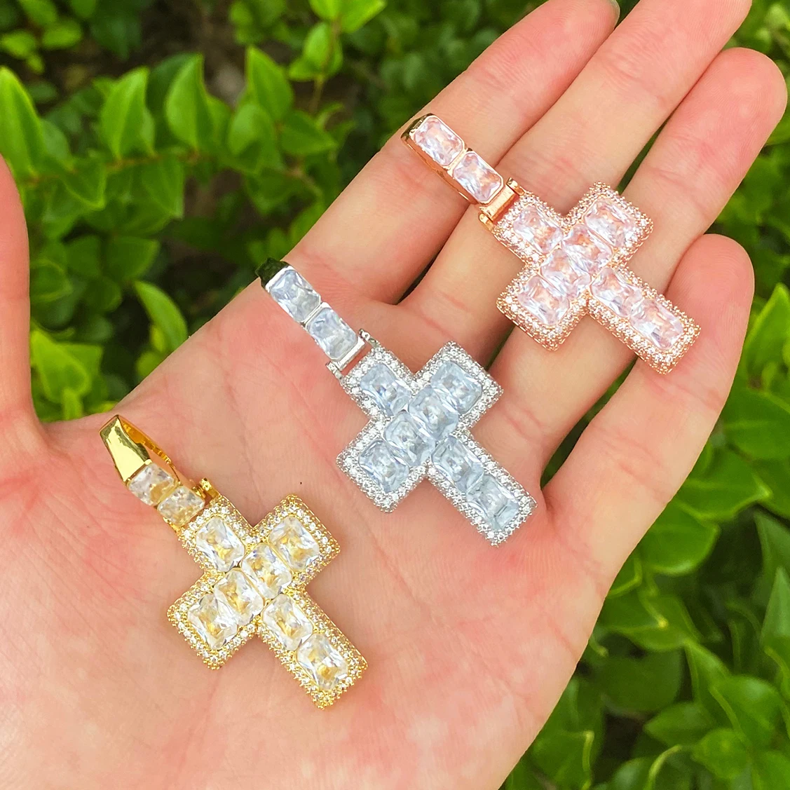 Bubble Letter Iced Out Baguette Cross Necklace Pendant for Men 5A Cubic Zirconia Gold Plated Hip Hop Jewelry
