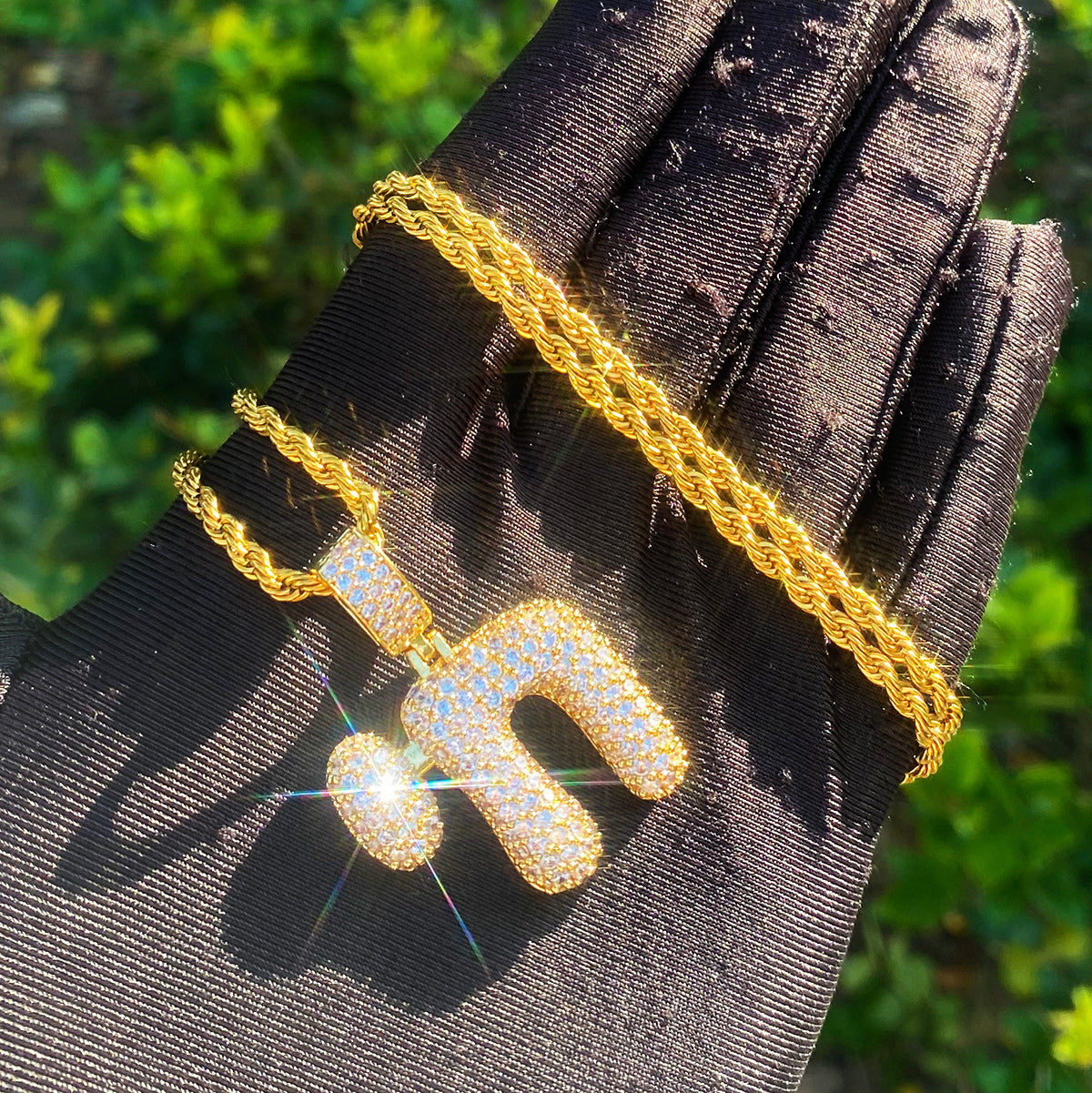Bubble Letter Iced Out N Symbol Necklace Pendant for Men 5A Cubic Zirconia Real Gold Plated Hip Hop Jewelry