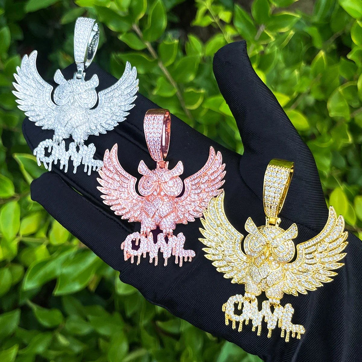 Bubble Letter Iced Out Owl Necklace Pendant for Men 5A Cubic Zirconia Gold Plated Hip Hop Jewelry