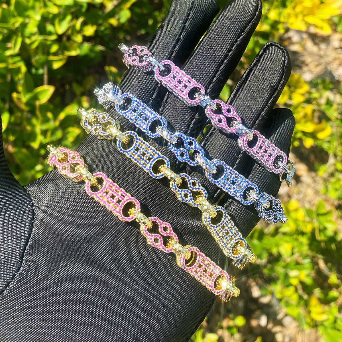 Bubble Letter Iced Out Blue Stones Star Bar Link Bracelet for Men Real Copper Cubic Zirconia Gold Plated Hip Hop Jewelry