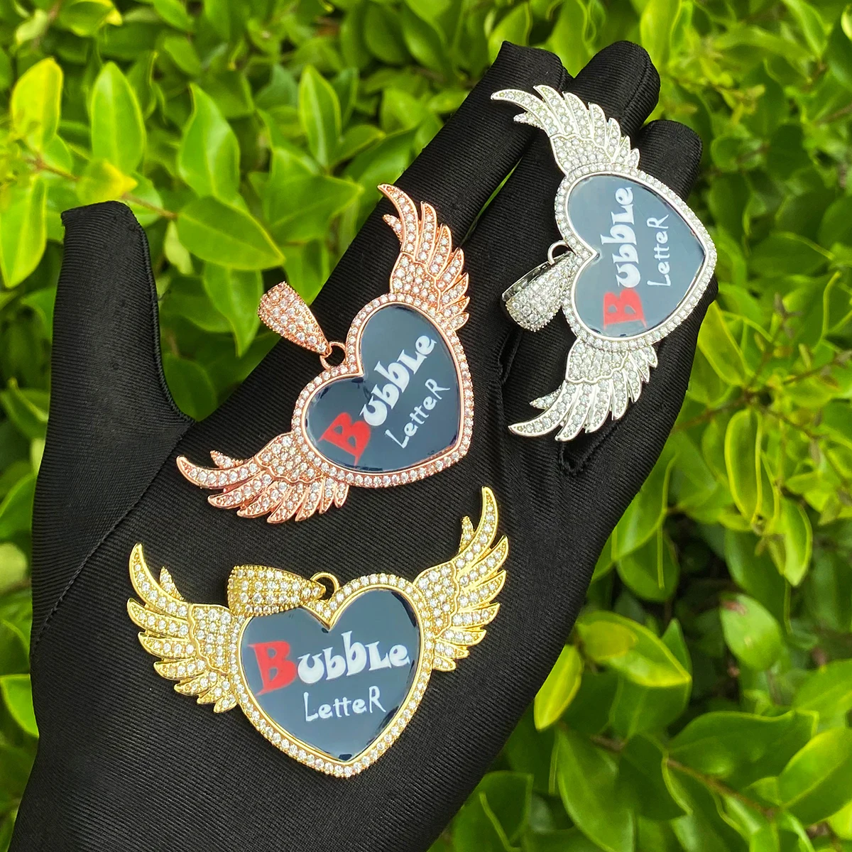 Bubble Letter Iced Out Wing Heart Solid back Custom Photo Necklace Pendant for Men Real Gold Plated 5A Grade Hip Hop Jewelry