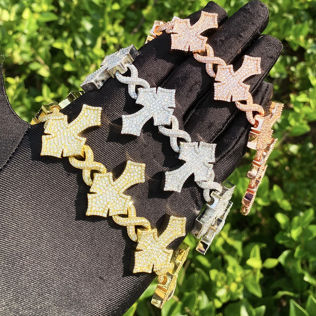 Bubble Letter Iced Out Cross Infinity Link Bracelet for Men 5A Cubic Zirconia Gold Plated Hip Hop Jewelry