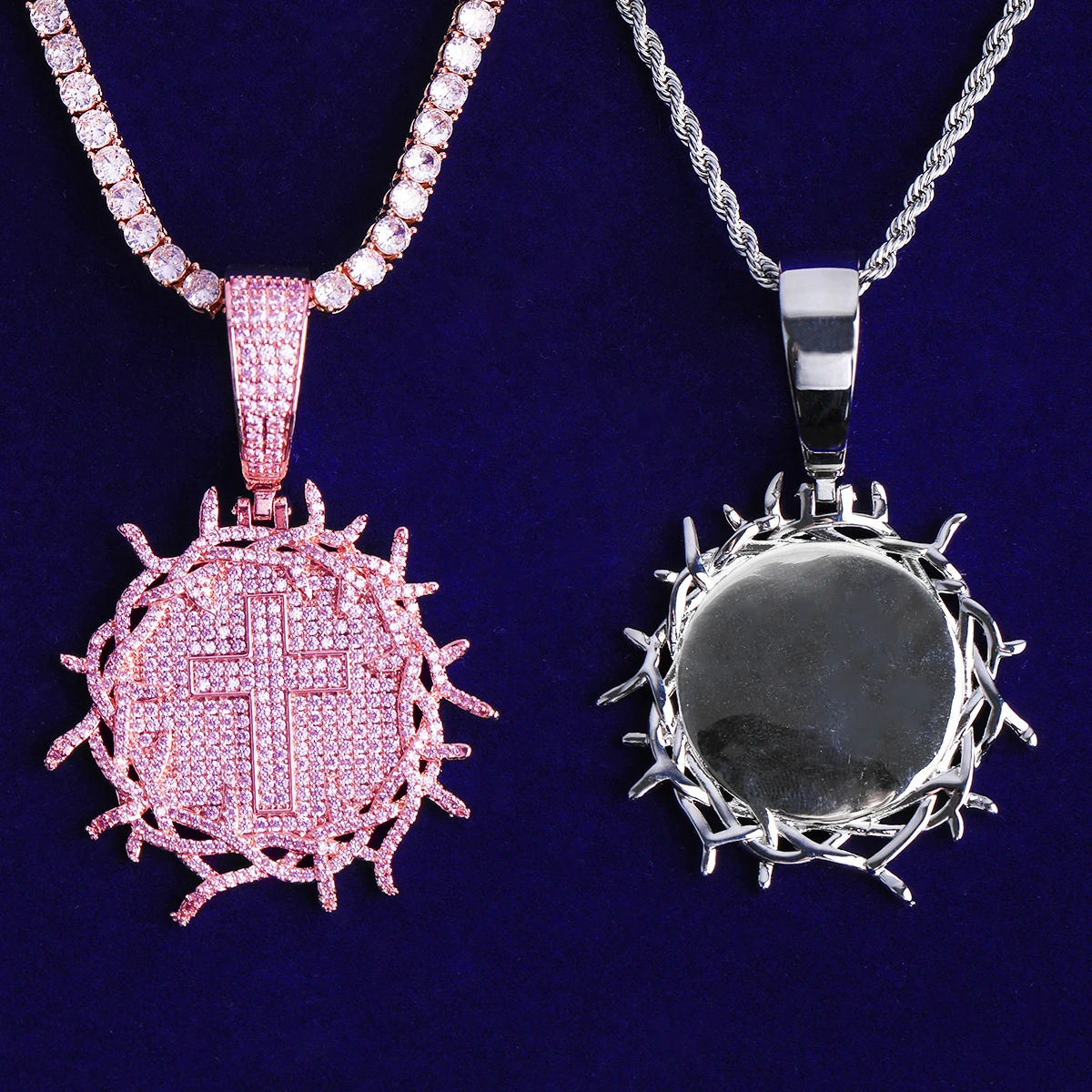 Bubble Letter Iced Out Barbered Wire Circle Cross Necklace Pendant for Men 5A Cubic Zirconia Gold Plated Hip Hop Jewelry