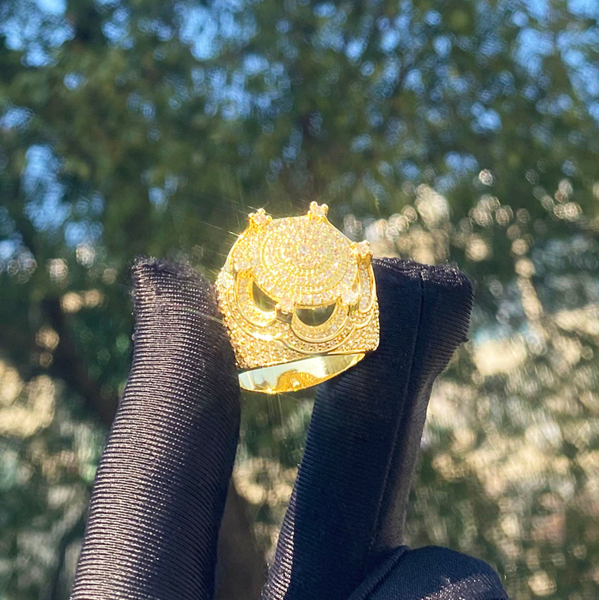 Bubble Letter Iced Out Crown Ring for Men 5A Cubic Zirconia Real Gold Plated Hip Hop Jewelry