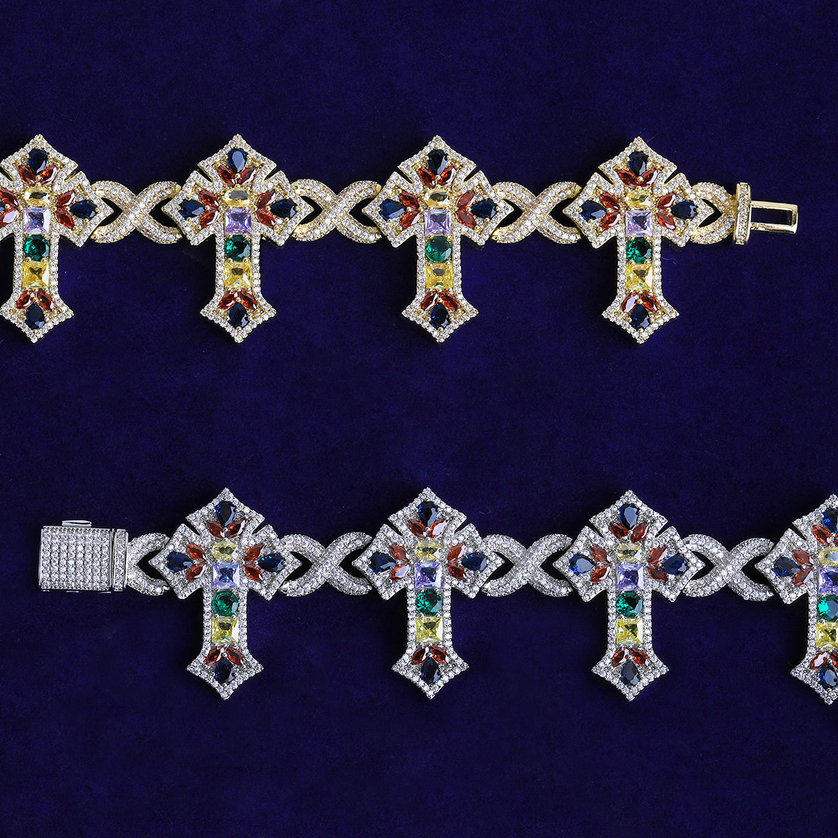 Bubble Letter Iced Out Colorful Cross Link Chain for Men Necklace Choker Prong Setting Hip Hop Jewelry