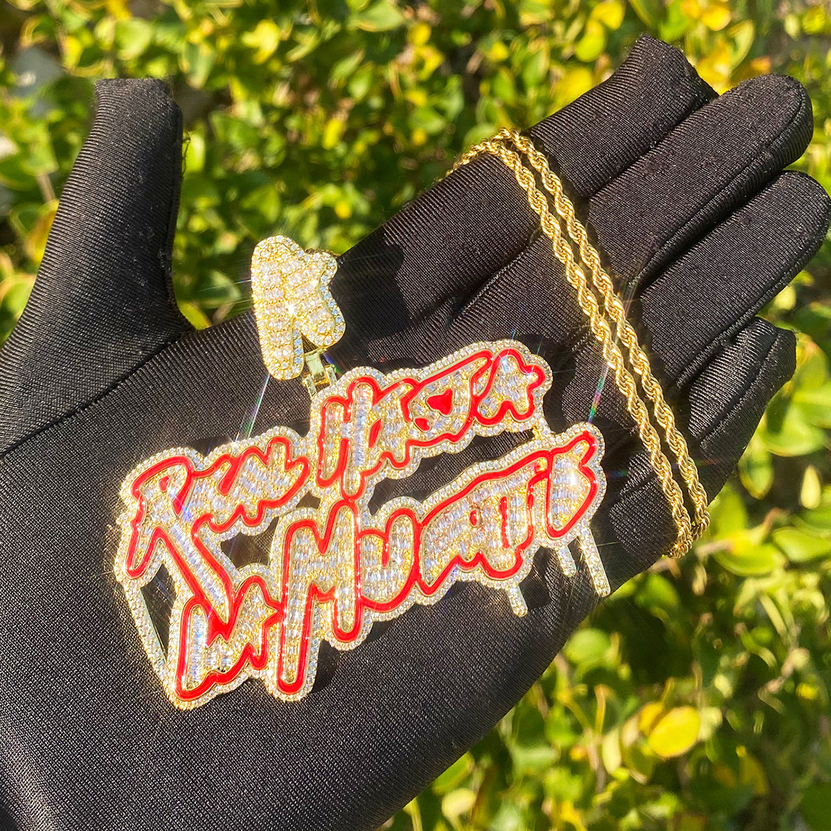 Bubble Letter Iced Out Real Husta La Muerta Necklace Pendant for Men Real Gold Plated Hip Hop Jewelry