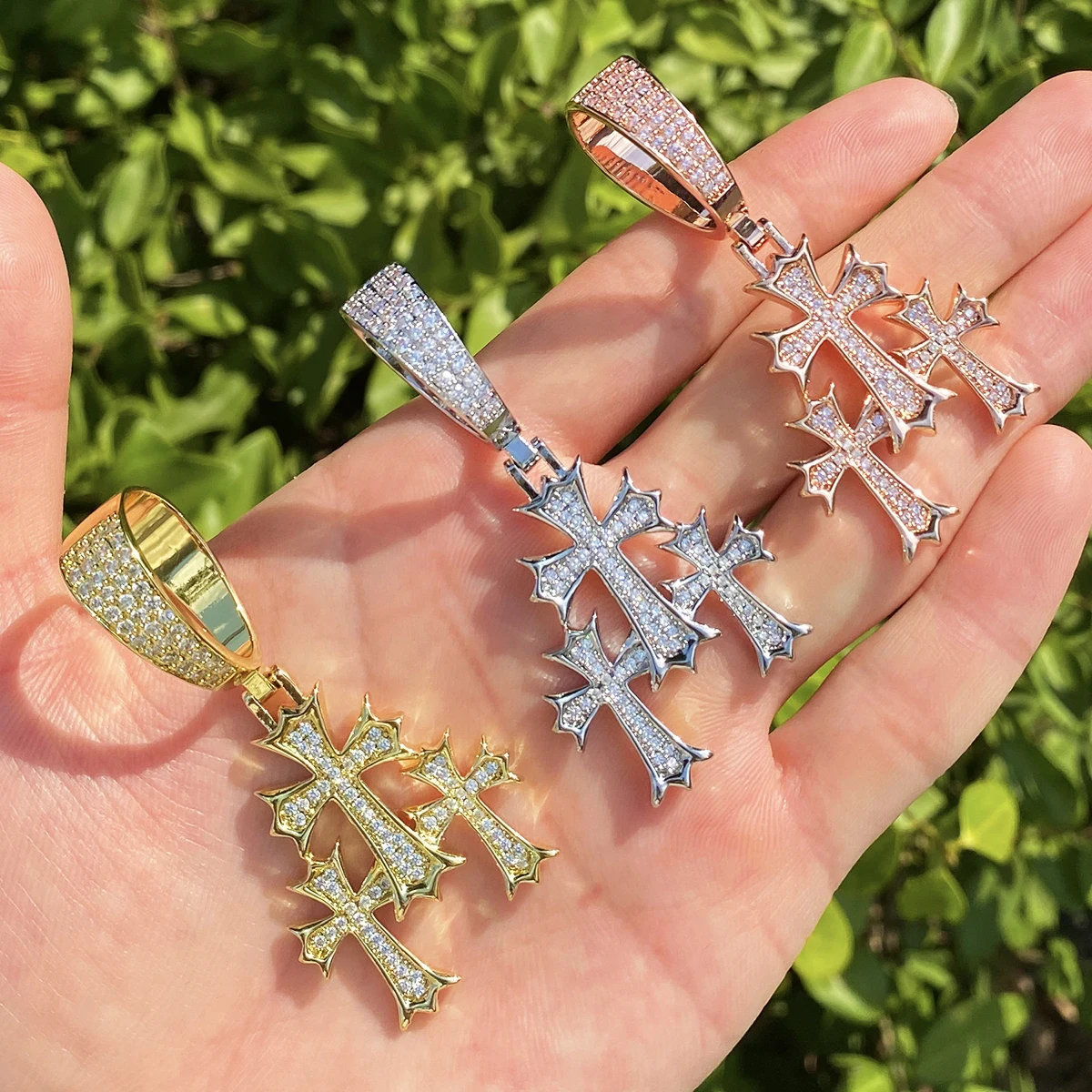 Bubble Letter Iced Out 3 in 1 Cross Necklace Pendant for Men Real Gold Plated 5A Cubic Zirconia Hip Hop Jewelry