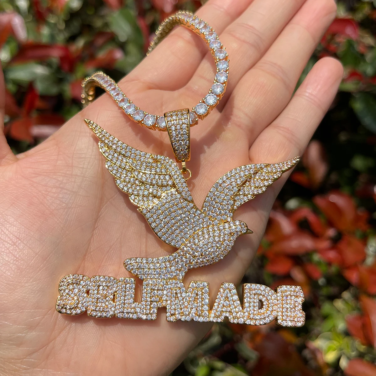 Bubble Letter Self Made Peace Dove Necklace for Men Iced Out Prong Setting Pendant Cubic Zirconia Hip Hop Jewelry