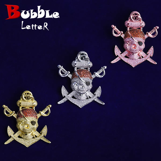 Bubble Letter Iced Out Pirate Anchor Necklace Pendant for Men Prong Setting 5A Cubic Zirconia Hip Hop Jewelry