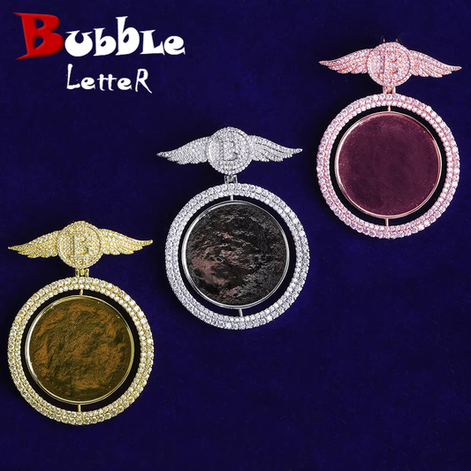 Bubble Letter Iced Out Custom Photo Necklace for Men Wing Bail 5A Cubic Zirconia Gold Plated Hip Hop Jewelry