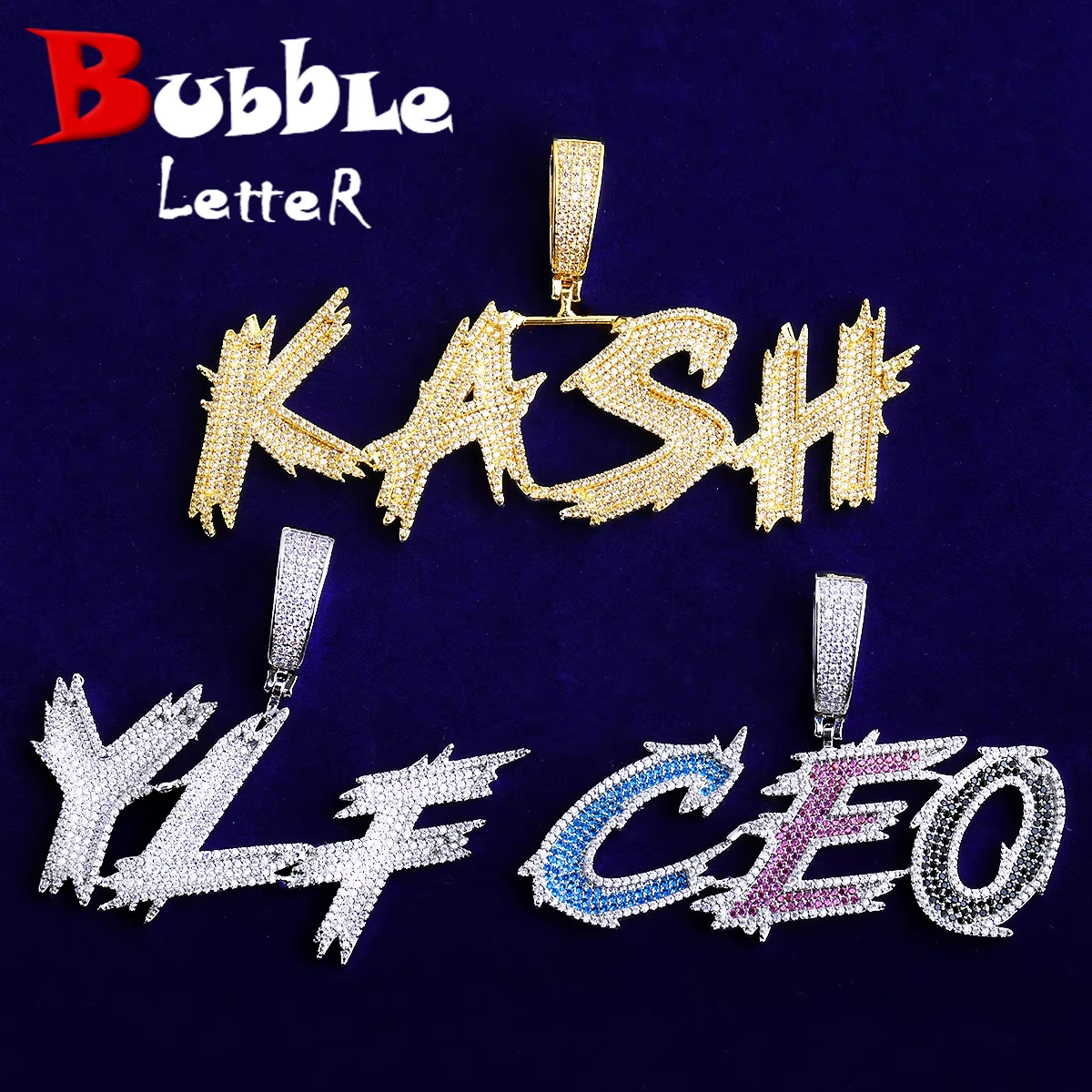 Bubble Letter Iced Out Custom Name Necklace Pendant for Men 5A Prong Setting Cubic Zirconia Copper Gold Plated Hip Hop Jewelry
