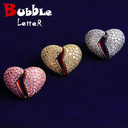 Bubble Letter Iced Out Broken Heart Ring for Men Real Gold Plated Cubic Zirconia Hip Hop Jewelry