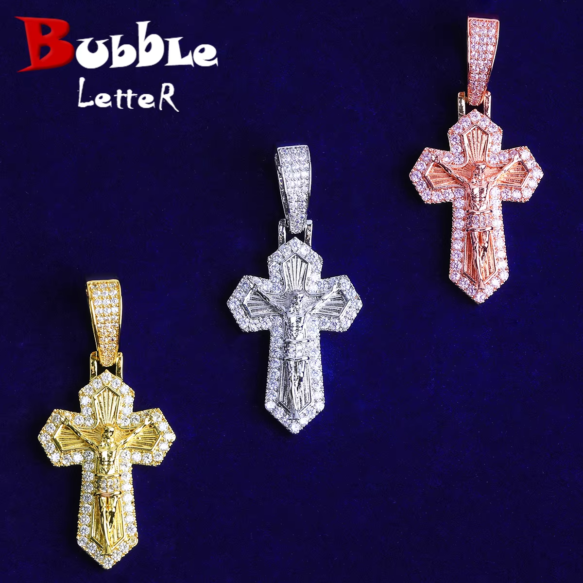 Bubble Letter Iced Out Cross Jesus Necklace Pendant for Men 5A Cubic Zirconia Gold Plated Hip Hop Jewelry