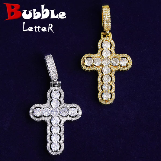 Bubble Letter Iced Out Hollow Cross Necklace Pendant for Men Real Gold Plated 5A Cubic Zirconia Hip Hop Jewelry