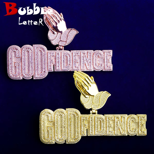 Bubble Letter Iced Out God Fidence Prayer Bail Necklace Pendant for Men 5A Copper Cubic Zirconia Hip Hop Jewelry