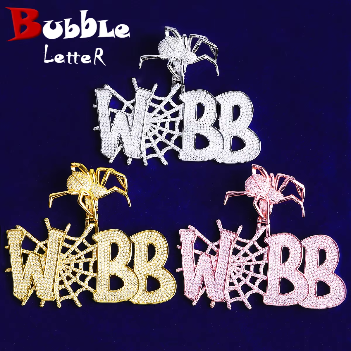 Bubble Letter Iced Out Webb Spider Bail Necklace Pendant for Men 5A Cubic Zirconia Prong Setting Hip Hop Jewelry