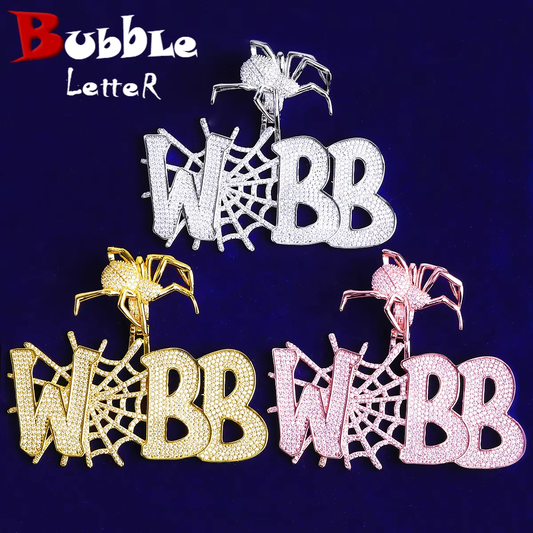 Bubble Letter Iced Out Webb Spider Bail Necklace Pendant for Men 5A Cubic Zirconia Prong Setting Hip Hop Jewelry